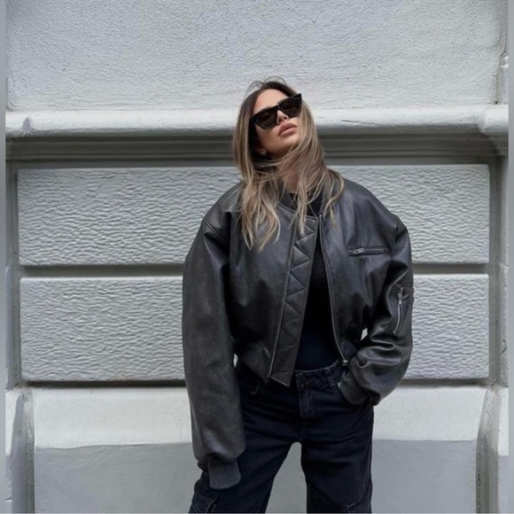 The Frankie Shop Jackets & Blazers - The Frankie Shop - GAE FAUX LEATHER CROPPED BOMBER - CHARCOAL